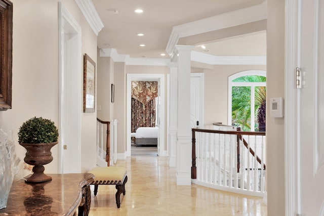 hall with crown molding, an upstairs landing, recessed lighting, and marble finish floor