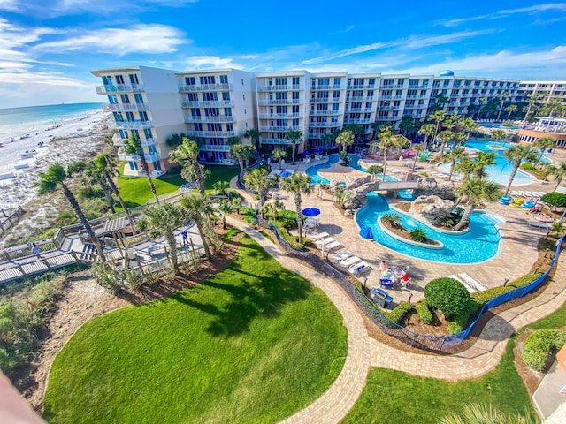 bird's eye view with a water view