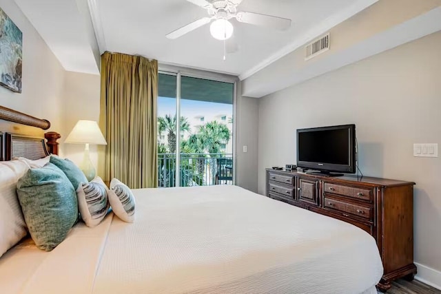 bedroom with access to exterior, floor to ceiling windows, visible vents, a ceiling fan, and baseboards