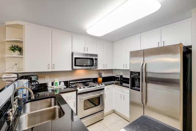 kitchen featuring light tile patterned floors, stainless steel appliances, a sink, white cabinets, and dark countertops