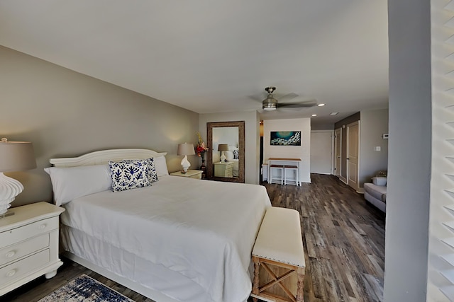 bedroom featuring dark wood-style floors, recessed lighting, and ceiling fan