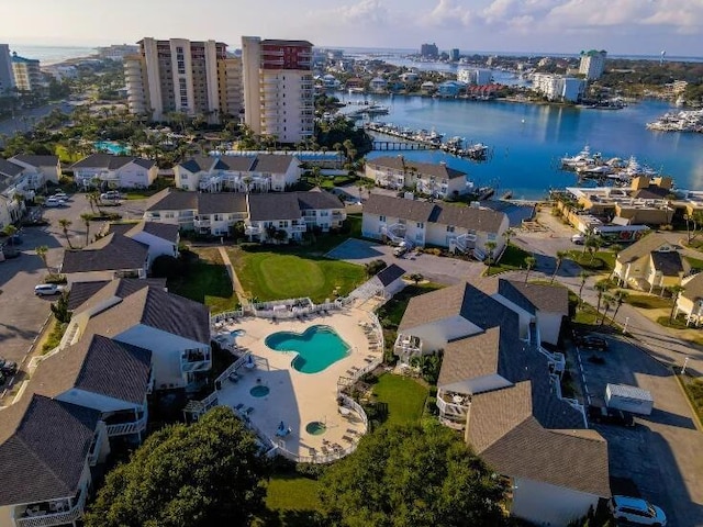 aerial view featuring a water view and a city view