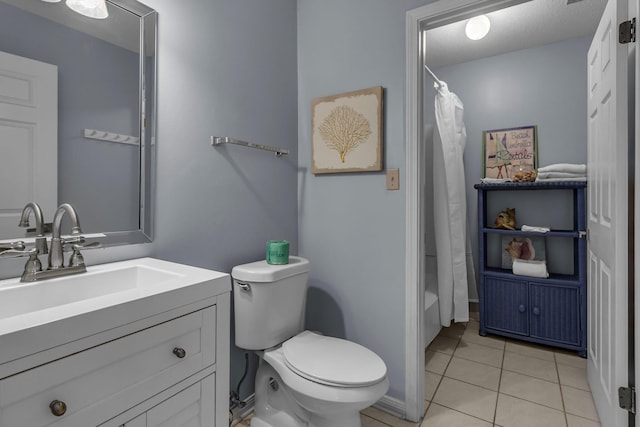 full bath with shower / tub combo, vanity, toilet, and tile patterned floors