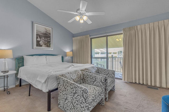 bedroom featuring visible vents, a ceiling fan, access to outside, vaulted ceiling, and carpet flooring