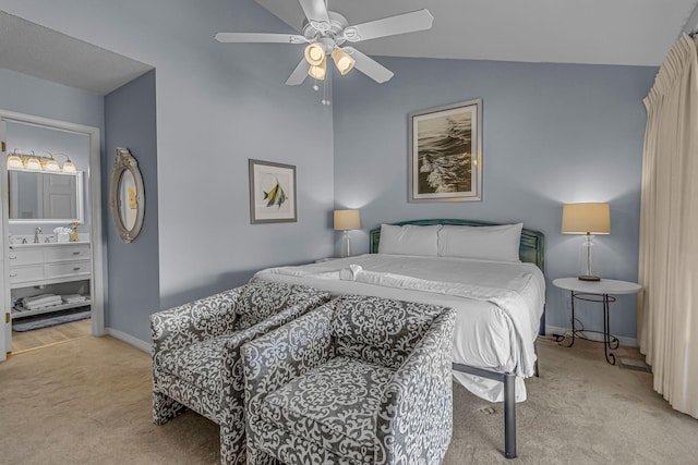 bedroom with baseboards, vaulted ceiling, a ceiling fan, and light colored carpet