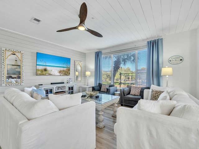 living room with wooden ceiling, visible vents, ceiling fan, and wood finished floors