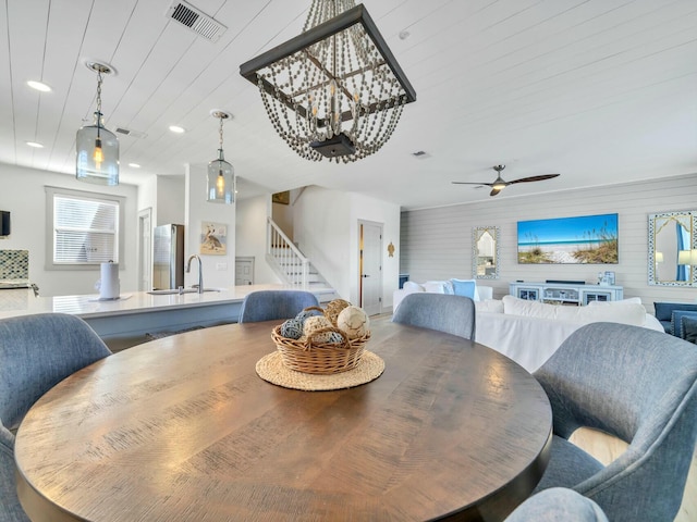 dining room featuring visible vents, wooden ceiling, ceiling fan, stairway, and recessed lighting