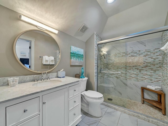 full bathroom with marble finish floor, visible vents, toilet, a stall shower, and vanity