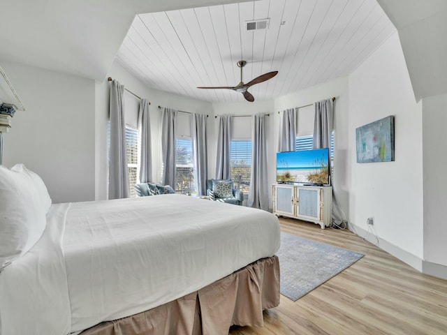 bedroom with visible vents, a ceiling fan, wood finished floors, wooden ceiling, and baseboards