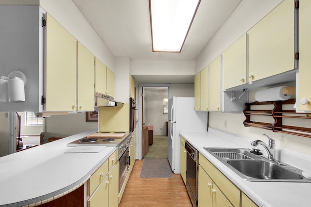 kitchen with light countertops, a sink, electric stovetop, dishwasher, and under cabinet range hood