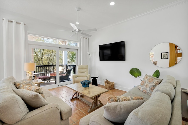 living area with recessed lighting, ornamental molding, a ceiling fan, tile patterned flooring, and baseboards