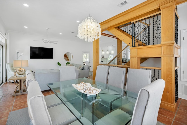 dining room featuring tile patterned floors, visible vents, recessed lighting, and stairs