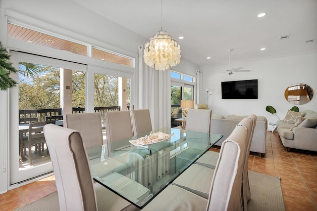 dining space featuring ceiling fan with notable chandelier, tile patterned flooring, visible vents, and recessed lighting