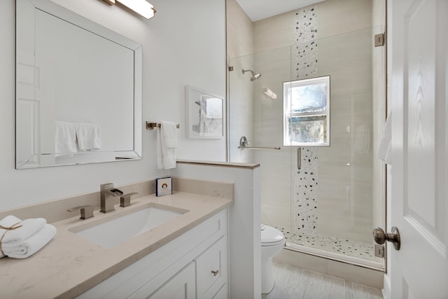 full bathroom featuring toilet, a stall shower, and vanity