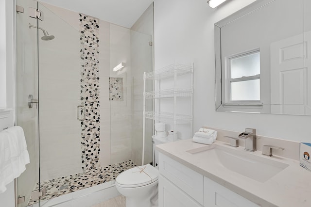 bathroom with a shower stall, toilet, and vanity