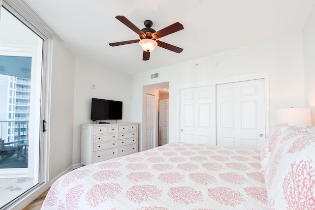 bedroom with visible vents and a ceiling fan