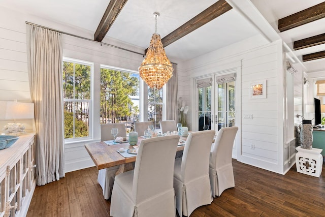 dining space featuring a healthy amount of sunlight, a chandelier, dark wood finished floors, and beam ceiling