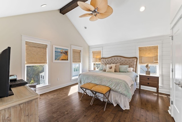 bedroom featuring baseboards, hardwood / wood-style flooring, ceiling fan, high vaulted ceiling, and beam ceiling