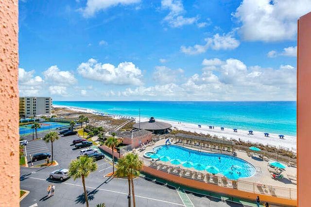 property view of water featuring a beach view