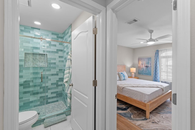 bedroom featuring ceiling fan, wood finished floors, visible vents, and recessed lighting