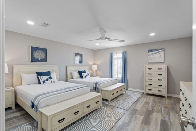 bedroom featuring recessed lighting, visible vents, a ceiling fan, wood finished floors, and baseboards