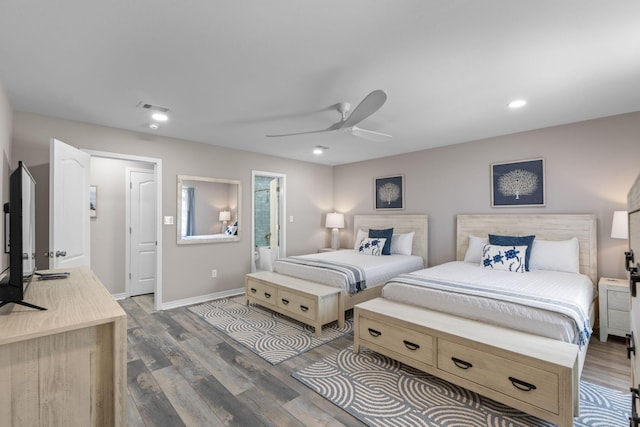 bedroom with baseboards, visible vents, ceiling fan, wood finished floors, and recessed lighting