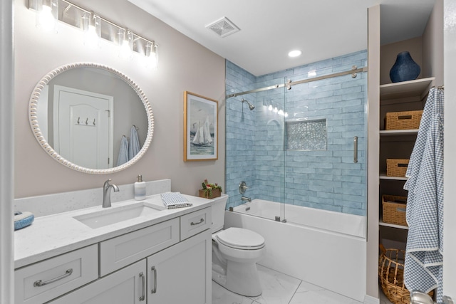 full bathroom featuring visible vents, toilet, shower / bath combination with glass door, marble finish floor, and vanity