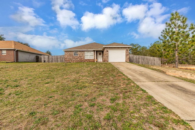 ranch-style house featuring a garage, fence, concrete driveway, and a front yard