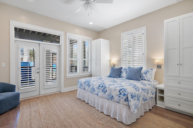 bedroom featuring french doors, light wood-style flooring, ceiling fan, access to outside, and baseboards