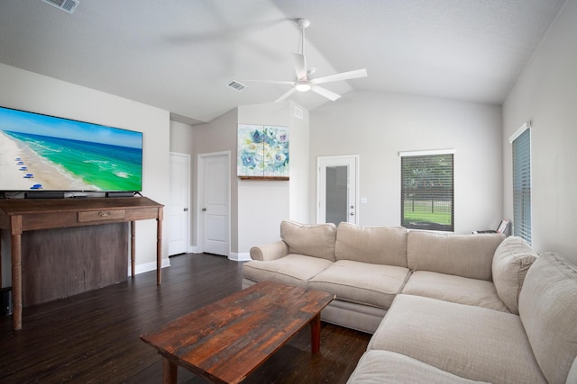 living area featuring visible vents, baseboards, vaulted ceiling, a ceiling fan, and dark wood finished floors