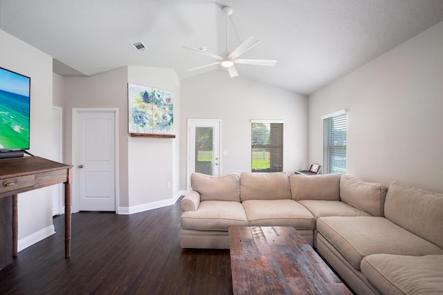 living room with visible vents, baseboards, lofted ceiling, ceiling fan, and dark wood-style flooring