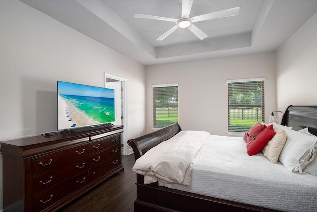 bedroom featuring a tray ceiling, dark wood-style flooring, and a ceiling fan