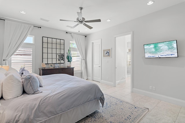 bedroom with light tile patterned floors, recessed lighting, visible vents, a ceiling fan, and baseboards