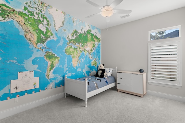 bedroom featuring carpet flooring, visible vents, and baseboards