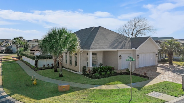 view of property exterior with a yard, brick siding, decorative driveway, and an attached garage