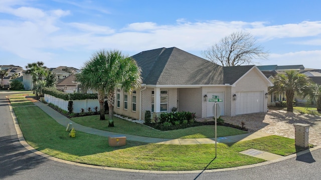 view of front facade featuring an attached garage, brick siding, a shingled roof, decorative driveway, and a front lawn