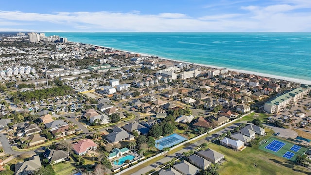 birds eye view of property with a water view and a residential view