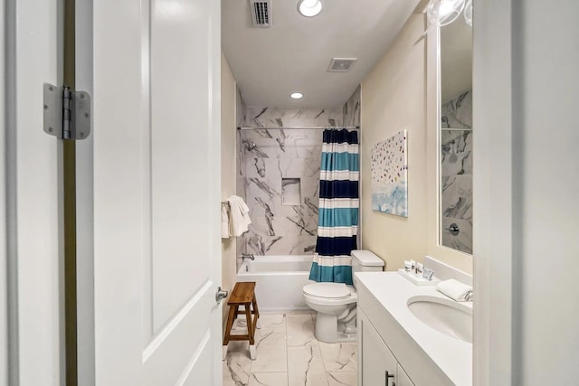 full bath featuring visible vents, toilet, marble finish floor, shower / bathtub combination with curtain, and vanity