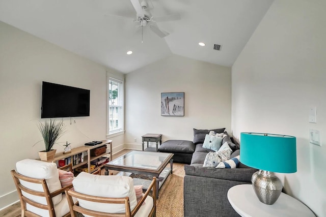 living area with lofted ceiling, recessed lighting, visible vents, ceiling fan, and wood finished floors