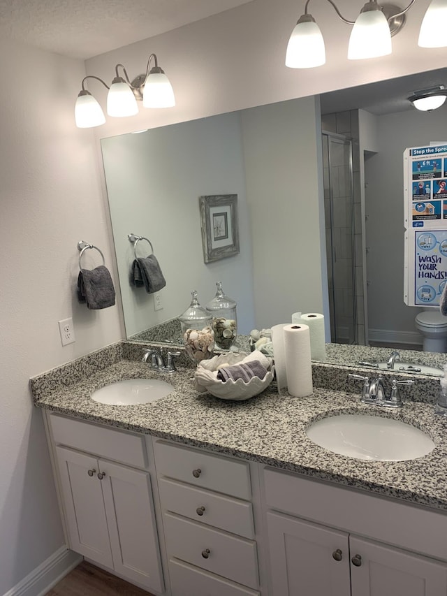 bathroom featuring double vanity, a shower stall, toilet, and a sink