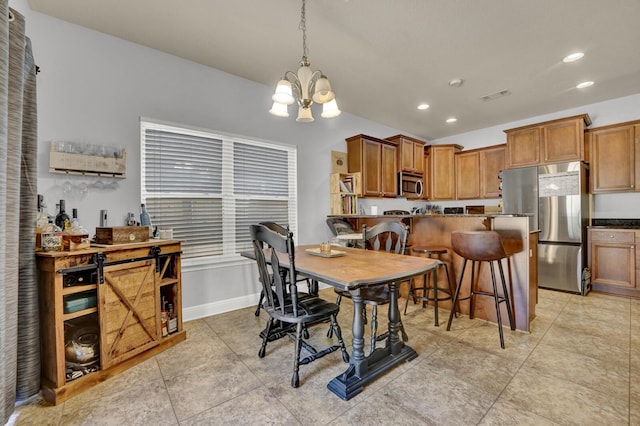 dining room with a notable chandelier, light tile patterned floors, recessed lighting, visible vents, and baseboards