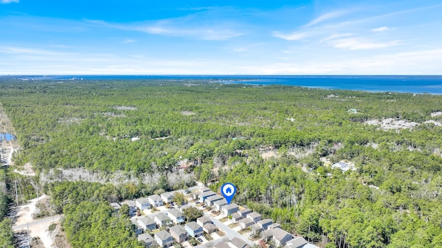 bird's eye view with a water view and a forest view