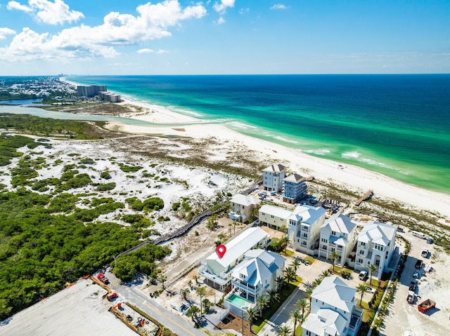 aerial view featuring a beach view and a water view