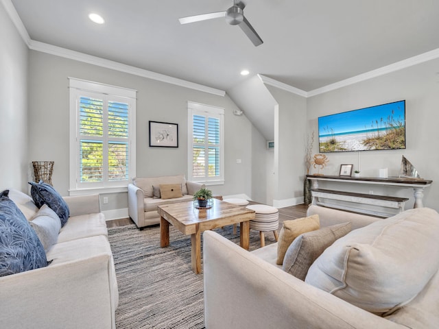 living room with recessed lighting, wood finished floors, a ceiling fan, baseboards, and crown molding