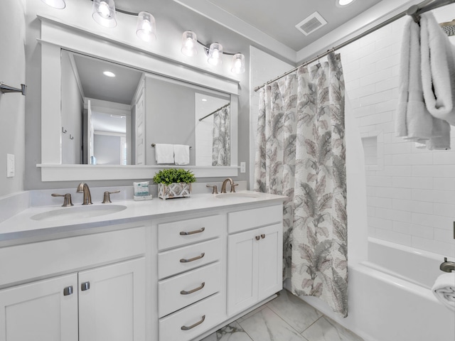 full bathroom featuring shower / tub combo, visible vents, a sink, and double vanity