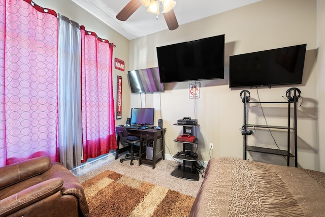 bedroom with ceiling fan, baseboards, and vaulted ceiling