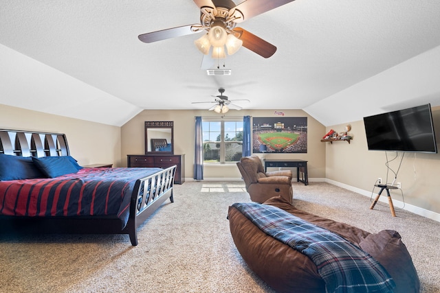 bedroom with lofted ceiling, baseboards, visible vents, and light colored carpet