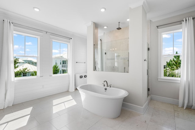 full bath with a stall shower, plenty of natural light, a freestanding tub, and baseboards