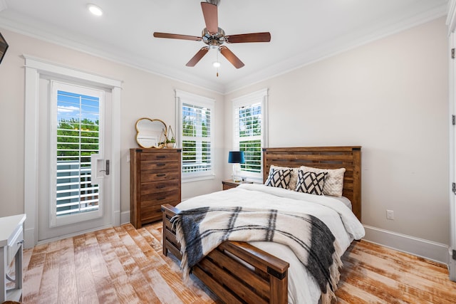 bedroom with baseboards, ceiling fan, ornamental molding, access to outside, and light wood-type flooring