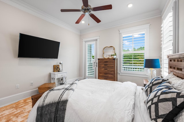 bedroom featuring ornamental molding, recessed lighting, baseboards, and wood finished floors